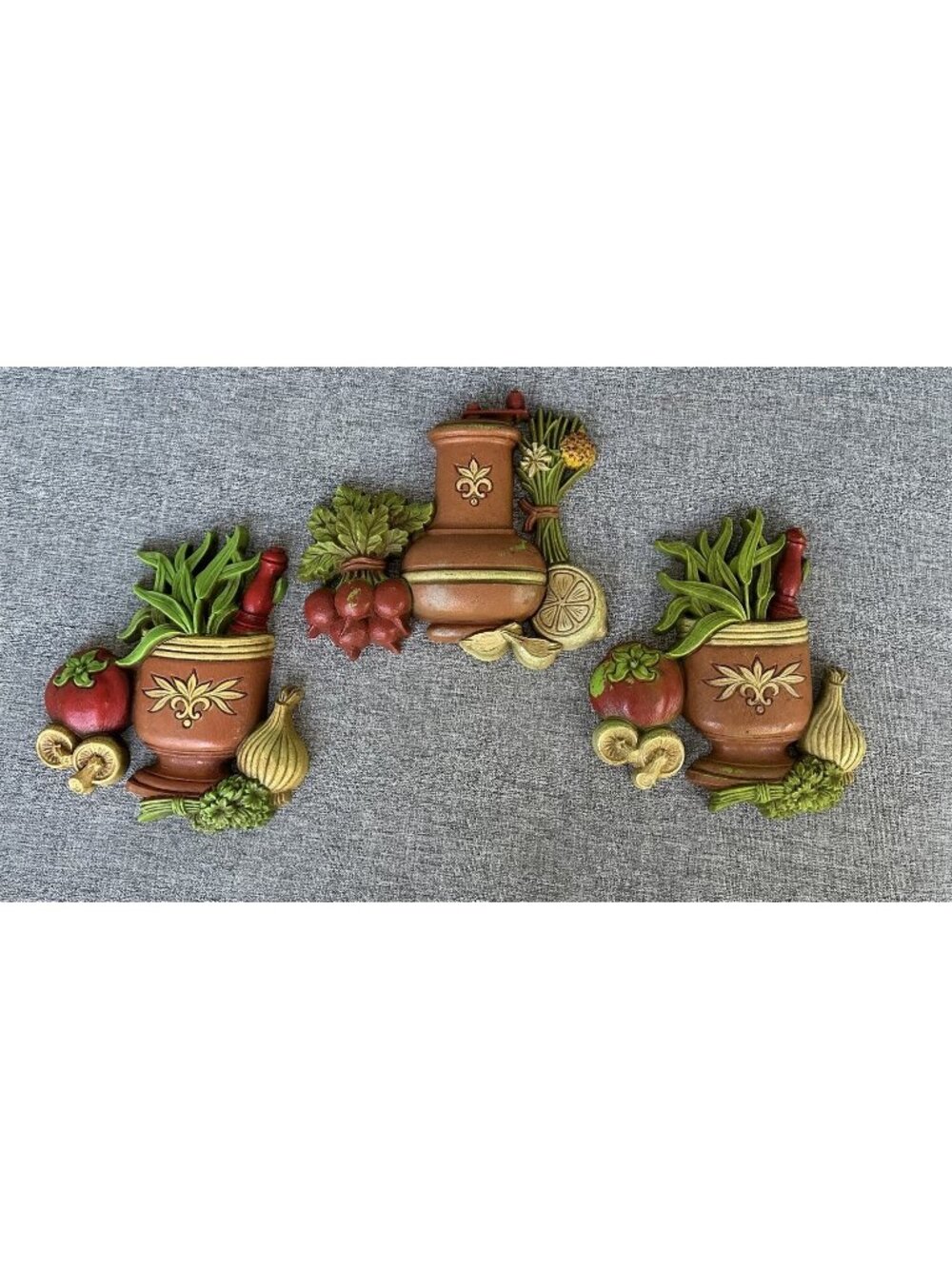 Vintage Wall Plaques Dart Service Industries Vegetable Pottery Crock Set of 3